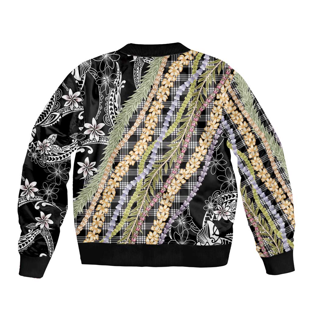 Black Palaka Hawaii Leis Bomber Jacket Hawaiian-plaid Elegant Tropical Vibes - Polynesian Pride