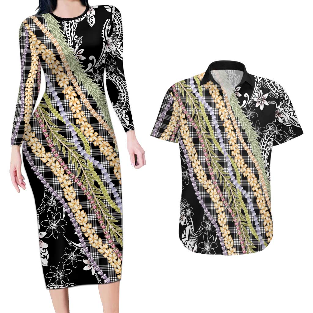Black Palaka Hawaii Leis Couples Matching Long Sleeve Bodycon Dress and Hawaiian Shirt Hawaiian-plaid Elegant Tropical Vibes LT14 Black - Polynesian Pride