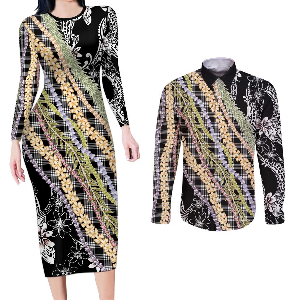 Black Palaka Hawaii Leis Couples Matching Long Sleeve Bodycon Dress and Long Sleeve Button Shirt Hawaiian-plaid Elegant Tropical Vibes LT14 Black - Polynesian Pride