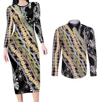 Black Palaka Hawaii Leis Couples Matching Long Sleeve Bodycon Dress and Long Sleeve Button Shirt Hawaiian-plaid Elegant Tropical Vibes LT14 Black - Polynesian Pride