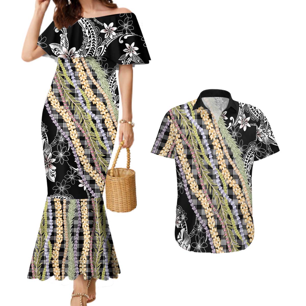 Black Palaka Hawaii Leis Couples Matching Mermaid Dress and Hawaiian Shirt Hawaiian-plaid Elegant Tropical Vibes LT14 Black - Polynesian Pride