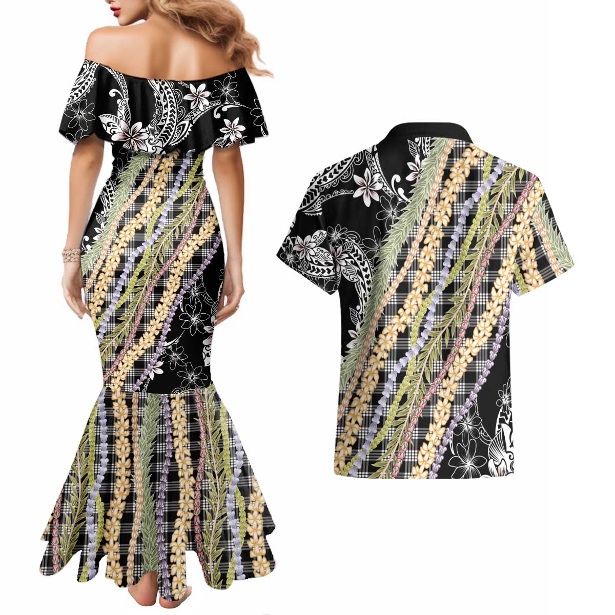 Black Palaka Hawaii Leis Couples Matching Mermaid Dress and Hawaiian Shirt Hawaiian-plaid Elegant Tropical Vibes LT14 - Polynesian Pride