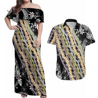 Black Palaka Hawaii Leis Couples Matching Off Shoulder Maxi Dress and Hawaiian Shirt Hawaiian-plaid Elegant Tropical Vibes LT14 Black - Polynesian Pride