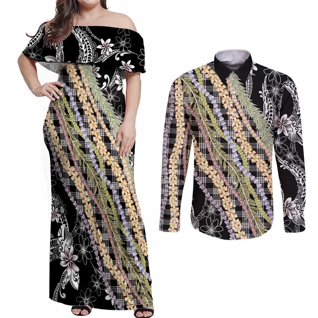 Black Palaka Hawaii Leis Couples Matching Off Shoulder Maxi Dress and Long Sleeve Button Shirt Hawaiian-plaid Elegant Tropical Vibes LT14 Black - Polynesian Pride