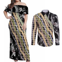 Black Palaka Hawaii Leis Couples Matching Off Shoulder Maxi Dress and Long Sleeve Button Shirt Hawaiian-plaid Elegant Tropical Vibes LT14 Black - Polynesian Pride