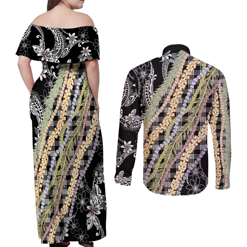 Black Palaka Hawaii Leis Couples Matching Off Shoulder Maxi Dress and Long Sleeve Button Shirt Hawaiian-plaid Elegant Tropical Vibes LT14 - Polynesian Pride