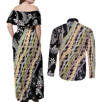Black Palaka Hawaii Leis Couples Matching Off Shoulder Maxi Dress and Long Sleeve Button Shirt Hawaiian-plaid Elegant Tropical Vibes LT14 - Polynesian Pride