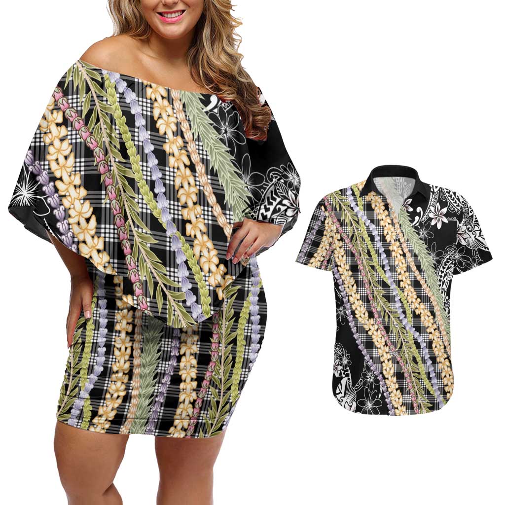 Black Palaka Hawaii Leis Couples Matching Off Shoulder Short Dress and Hawaiian Shirt Hawaiian-plaid Elegant Tropical Vibes LT14 Black - Polynesian Pride