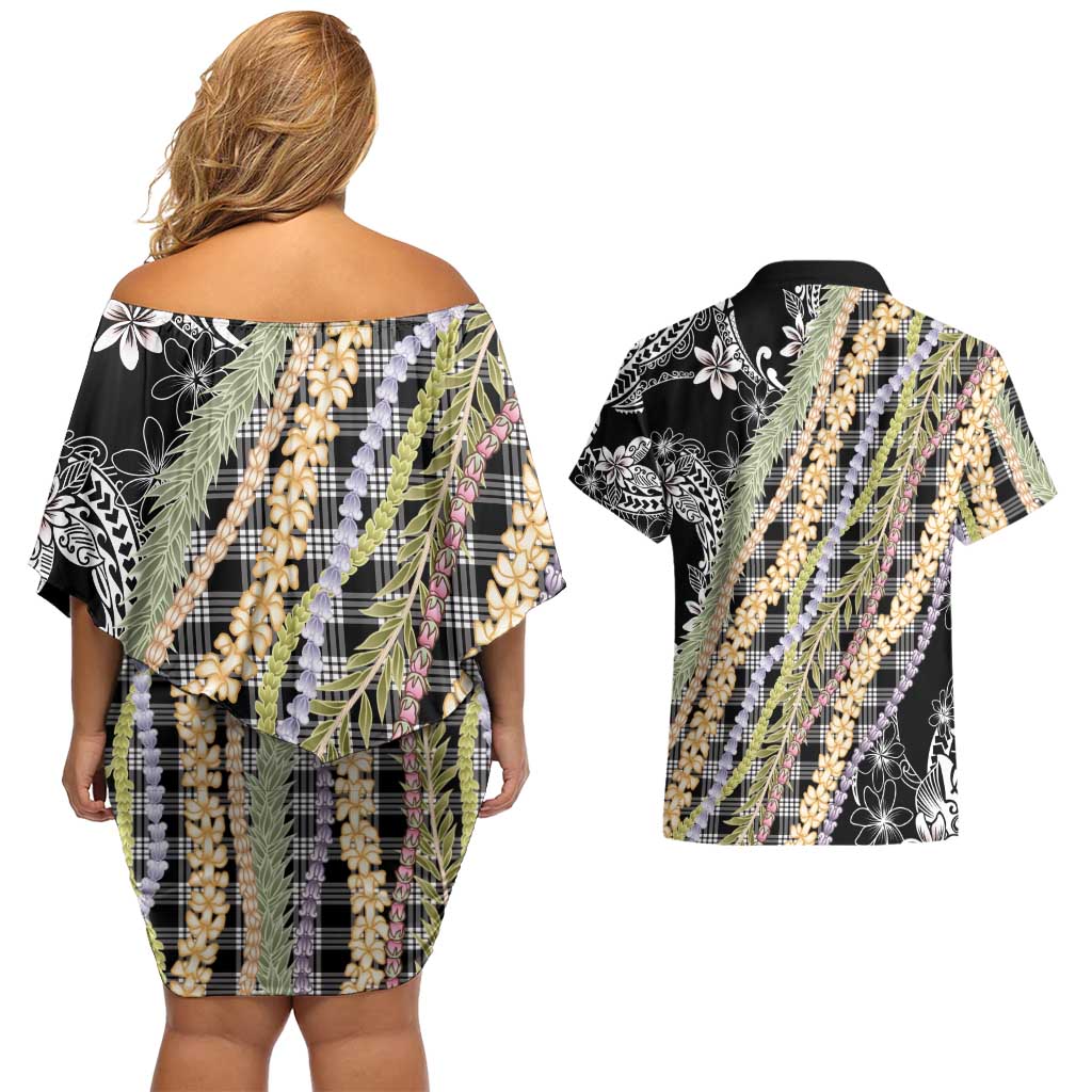 Black Palaka Hawaii Leis Couples Matching Off Shoulder Short Dress and Hawaiian Shirt Hawaiian-plaid Elegant Tropical Vibes LT14 - Polynesian Pride