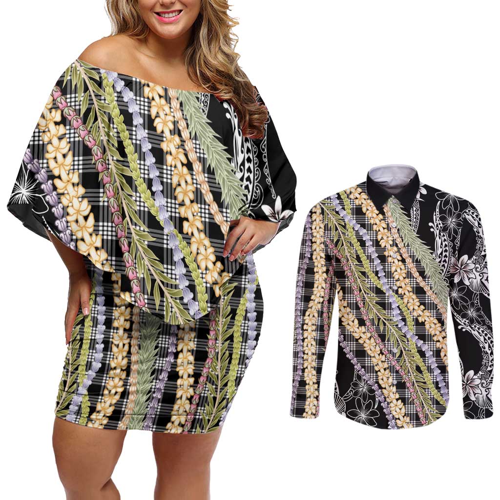 Black Palaka Hawaii Leis Couples Matching Off Shoulder Short Dress and Long Sleeve Button Shirt Hawaiian-plaid Elegant Tropical Vibes LT14 Black - Polynesian Pride