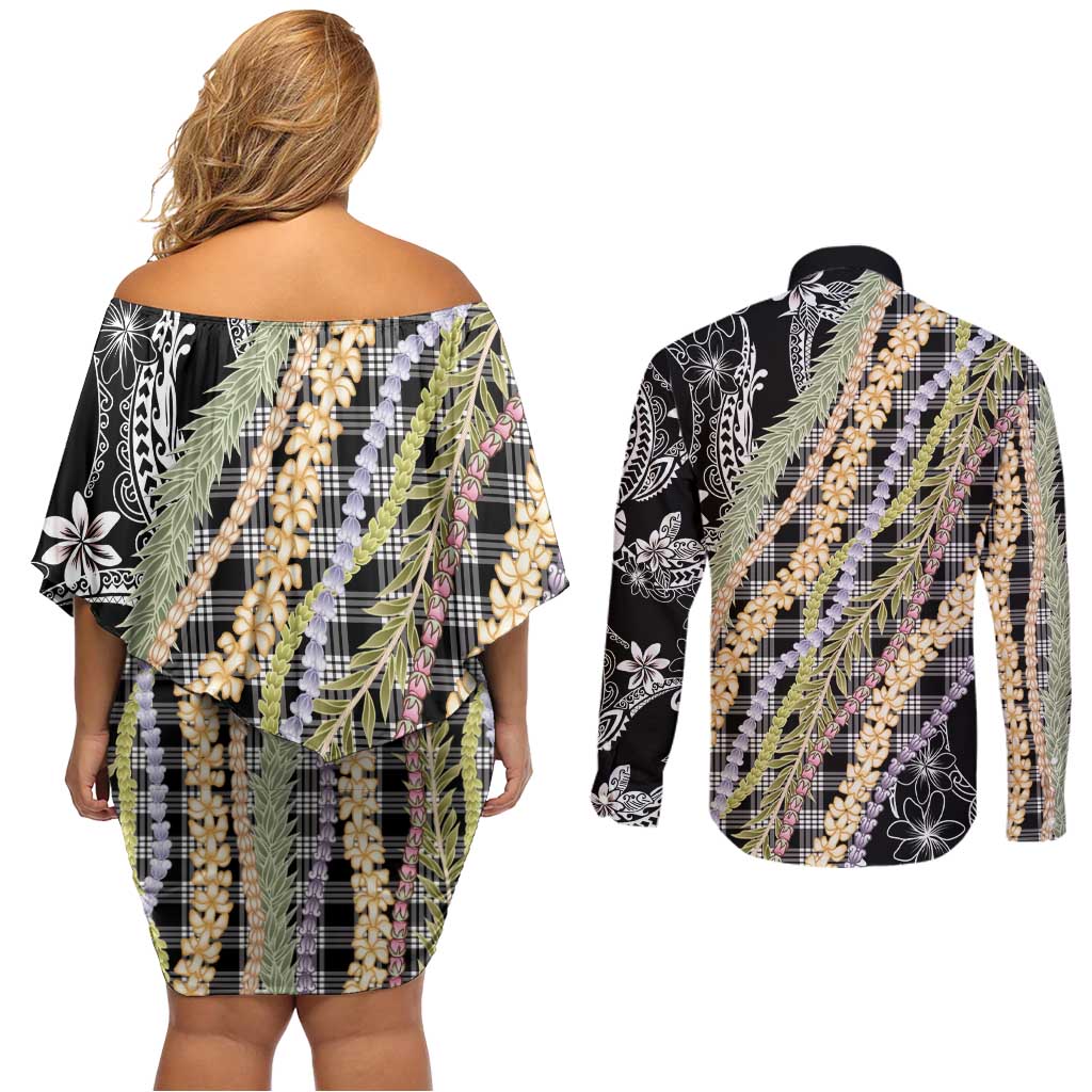 Black Palaka Hawaii Leis Couples Matching Off Shoulder Short Dress and Long Sleeve Button Shirt Hawaiian-plaid Elegant Tropical Vibes LT14 - Polynesian Pride