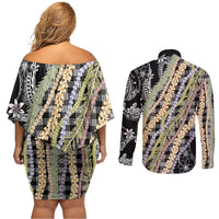 Black Palaka Hawaii Leis Couples Matching Off Shoulder Short Dress and Long Sleeve Button Shirt Hawaiian-plaid Elegant Tropical Vibes LT14 - Polynesian Pride