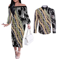 Black Palaka Hawaii Leis Couples Matching Off The Shoulder Long Sleeve Dress and Long Sleeve Button Shirt Hawaiian-plaid Elegant Tropical Vibes LT14 Black - Polynesian Pride