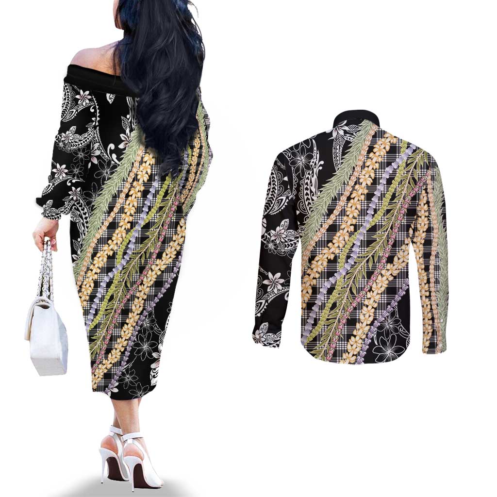 Black Palaka Hawaii Leis Couples Matching Off The Shoulder Long Sleeve Dress and Long Sleeve Button Shirt Hawaiian-plaid Elegant Tropical Vibes LT14 - Polynesian Pride