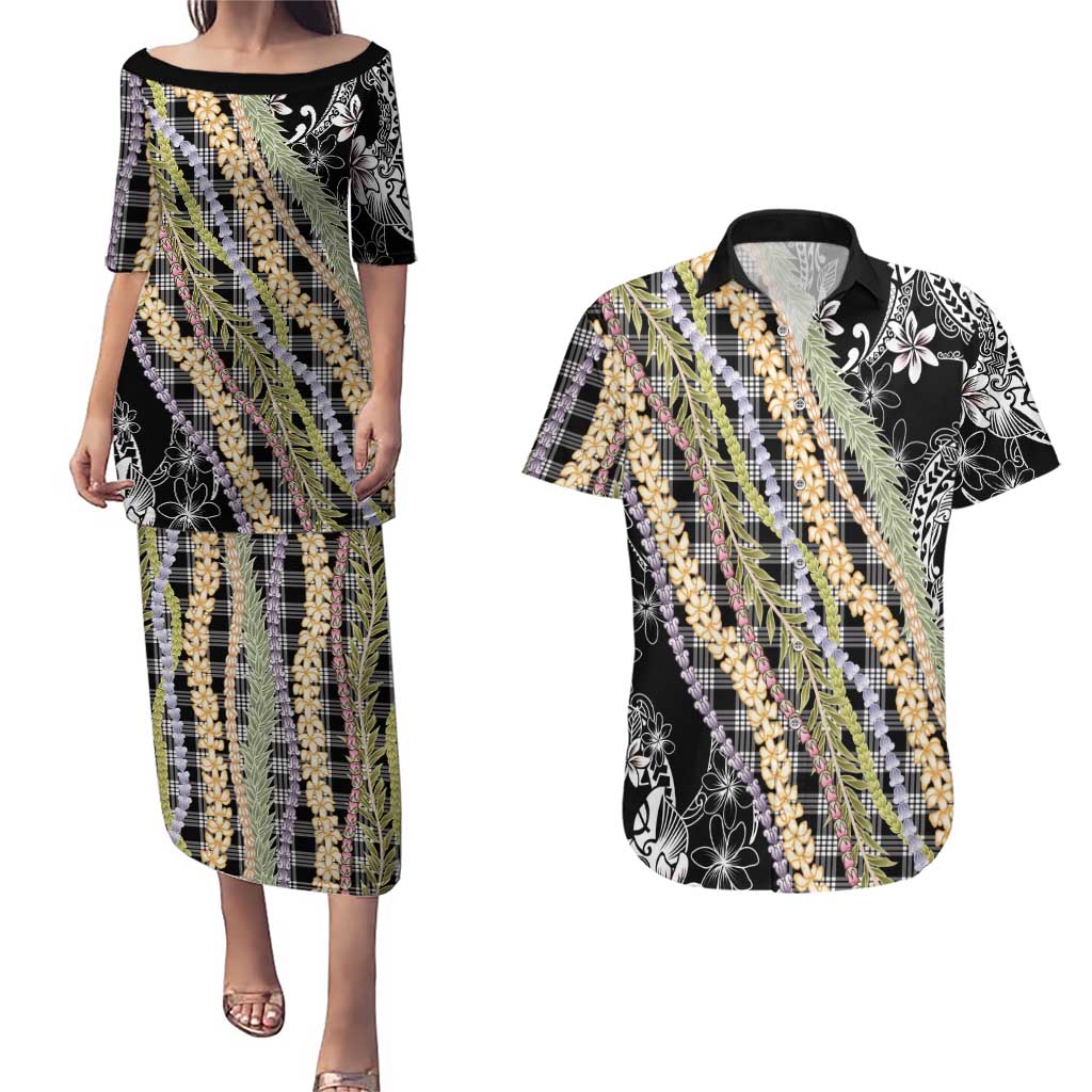 Black Palaka Hawaii Leis Couples Matching Puletasi and Hawaiian Shirt Hawaiian-plaid Elegant Tropical Vibes - Polynesian Pride