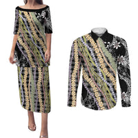 Black Palaka Hawaii Leis Couples Matching Puletasi and Long Sleeve Button Shirt Hawaiian-plaid Elegant Tropical Vibes - Polynesian Pride