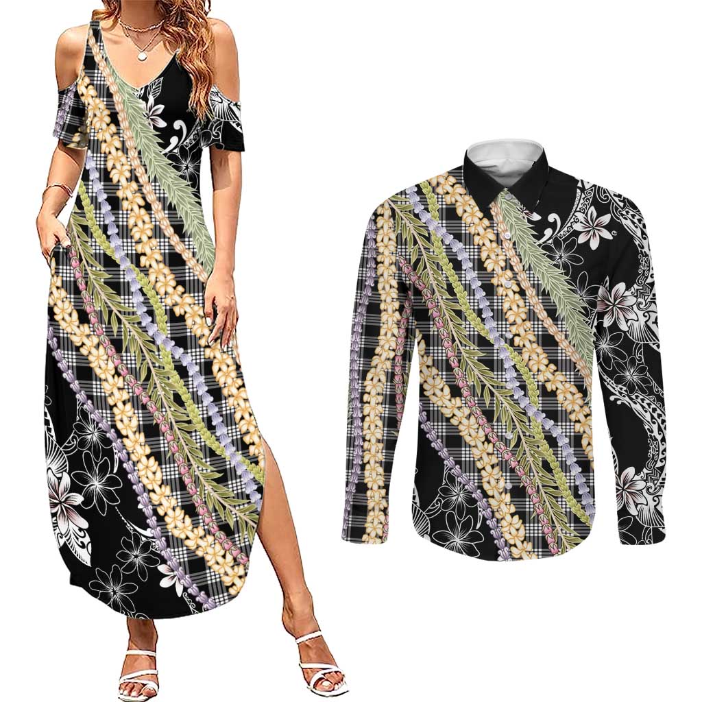 Black Palaka Hawaii Leis Couples Matching Summer Maxi Dress and Long Sleeve Button Shirt Hawaiian-plaid Elegant Tropical Vibes LT14 Black - Polynesian Pride