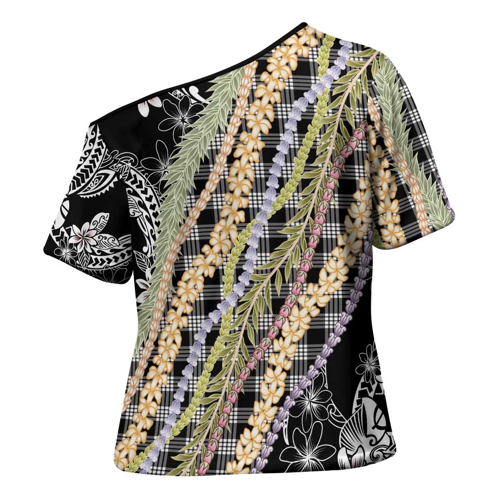 Black Palaka Hawaii Leis Cross Shoulder Shirt Hawaiian-plaid Elegant Tropical Vibes - Polynesian Pride