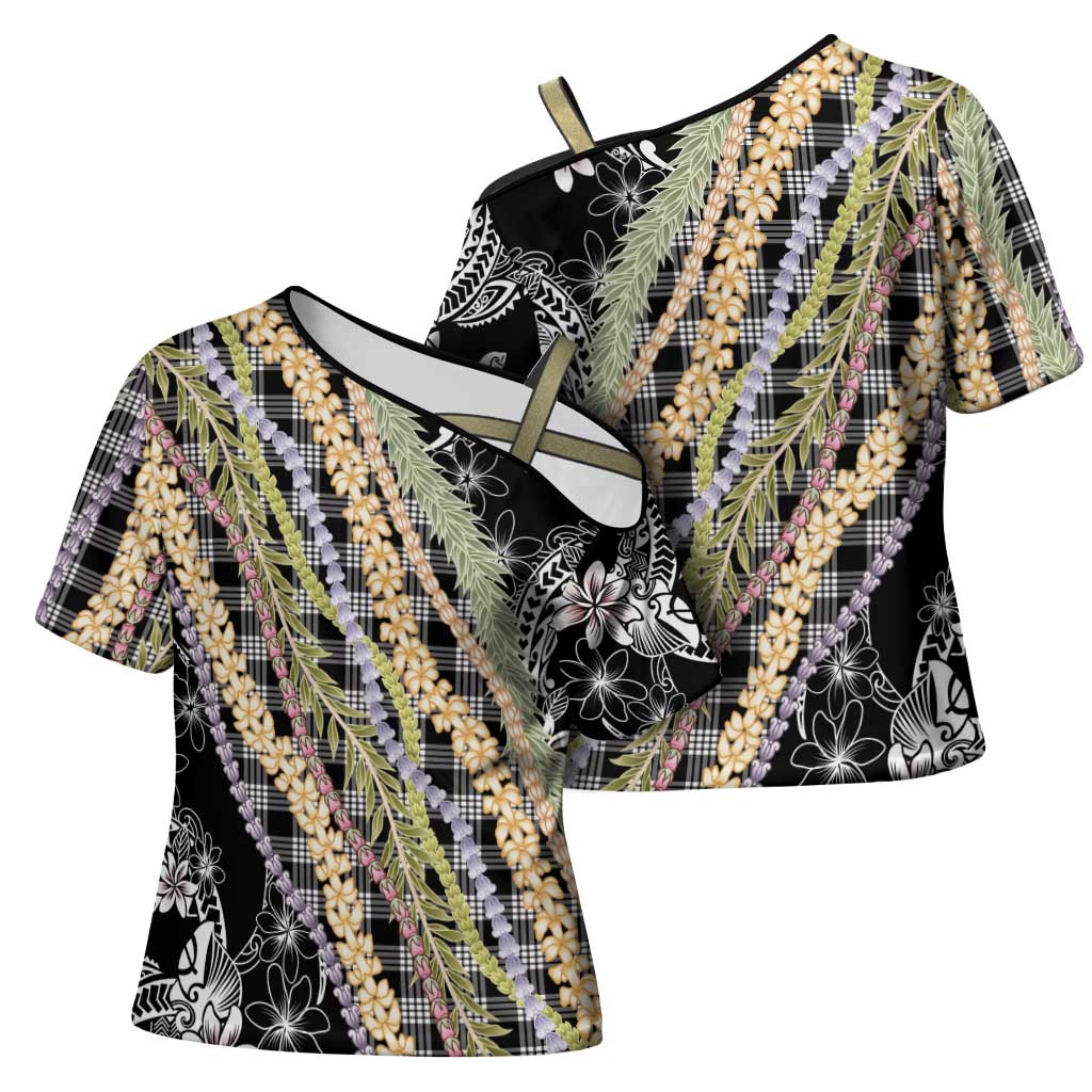 Black Palaka Hawaii Leis Cross Shoulder Shirt Hawaiian-plaid Elegant Tropical Vibes - Polynesian Pride