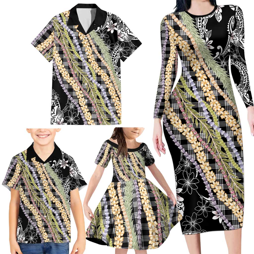Black Palaka Hawaii Leis Family Matching Long Sleeve Bodycon Dress and Hawaiian Shirt Hawaiian-plaid Elegant Tropical Vibes - Polynesian Pride