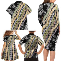 Black Palaka Hawaii Leis Family Matching Long Sleeve Bodycon Dress and Hawaiian Shirt Hawaiian-plaid Elegant Tropical Vibes LT14 - Polynesian Pride