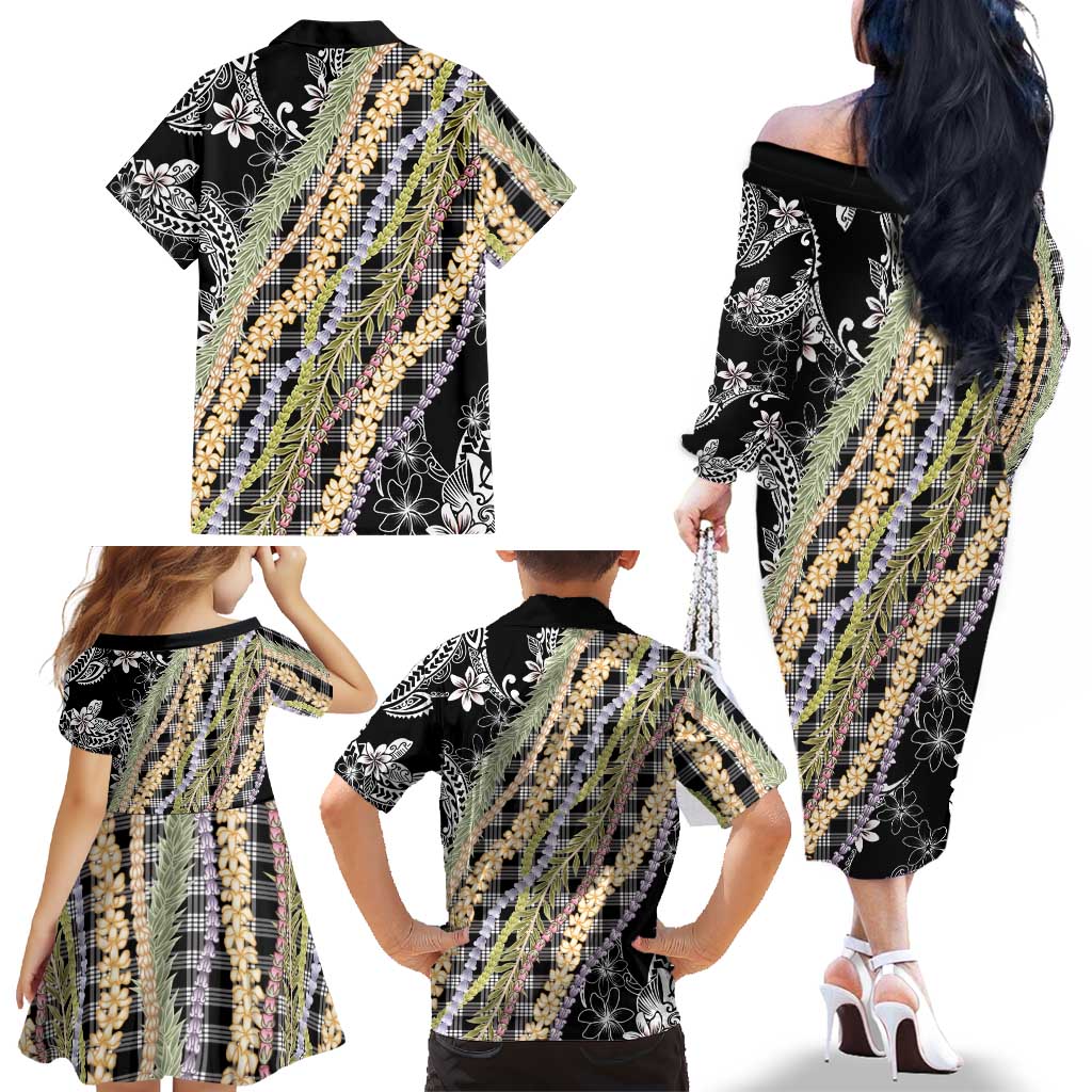 Black Palaka Hawaii Leis Family Matching Off The Shoulder Long Sleeve Dress and Hawaiian Shirt Hawaiian-plaid Elegant Tropical Vibes LT14 - Polynesian Pride