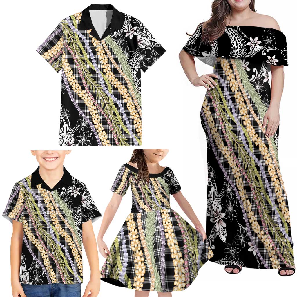 Black Palaka Hawaii Leis Family Matching Off Shoulder Maxi Dress and Hawaiian Shirt Hawaiian-plaid Elegant Tropical Vibes - Polynesian Pride