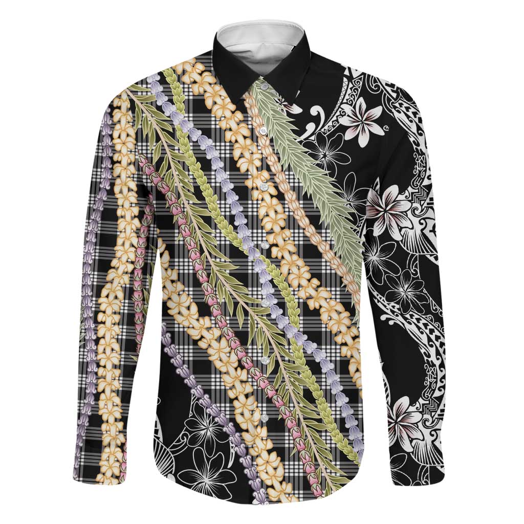 Black Palaka Hawaii Leis Family Matching Off Shoulder Maxi Dress and Hawaiian Shirt Hawaiian-plaid Elegant Tropical Vibes LT14 Dad's Shirt - Long Sleeve Black - Polynesian Pride