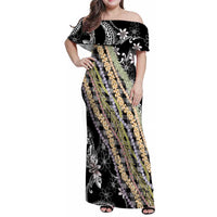 Black Palaka Hawaii Leis Family Matching Off Shoulder Maxi Dress and Hawaiian Shirt Hawaiian-plaid Elegant Tropical Vibes LT14 Mom's Dress Black - Polynesian Pride