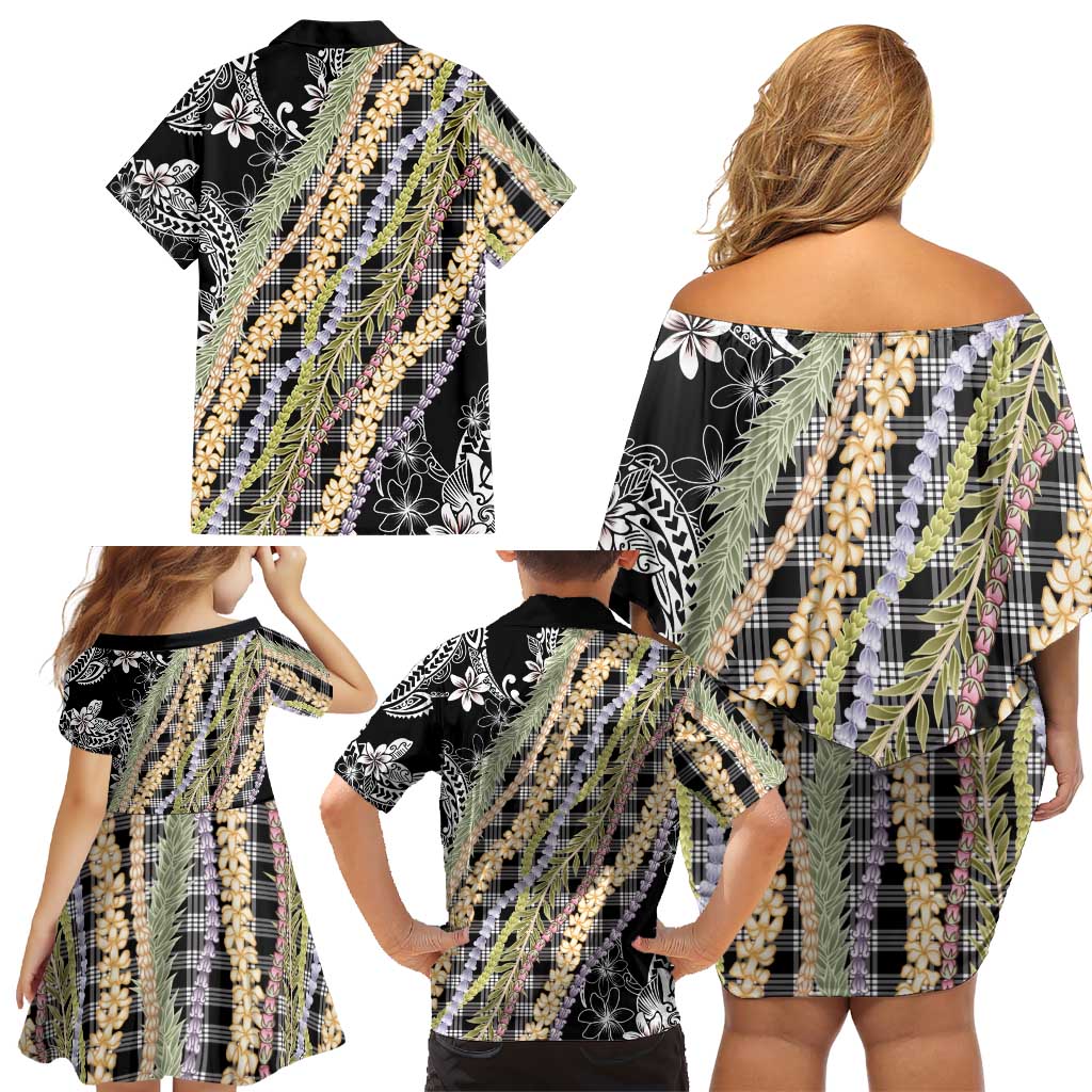 Black Palaka Hawaii Leis Family Matching Off Shoulder Short Dress and Hawaiian Shirt Hawaiian-plaid Elegant Tropical Vibes LT14 - Polynesian Pride