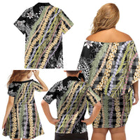 Black Palaka Hawaii Leis Family Matching Off Shoulder Short Dress and Hawaiian Shirt Hawaiian-plaid Elegant Tropical Vibes LT14 - Polynesian Pride