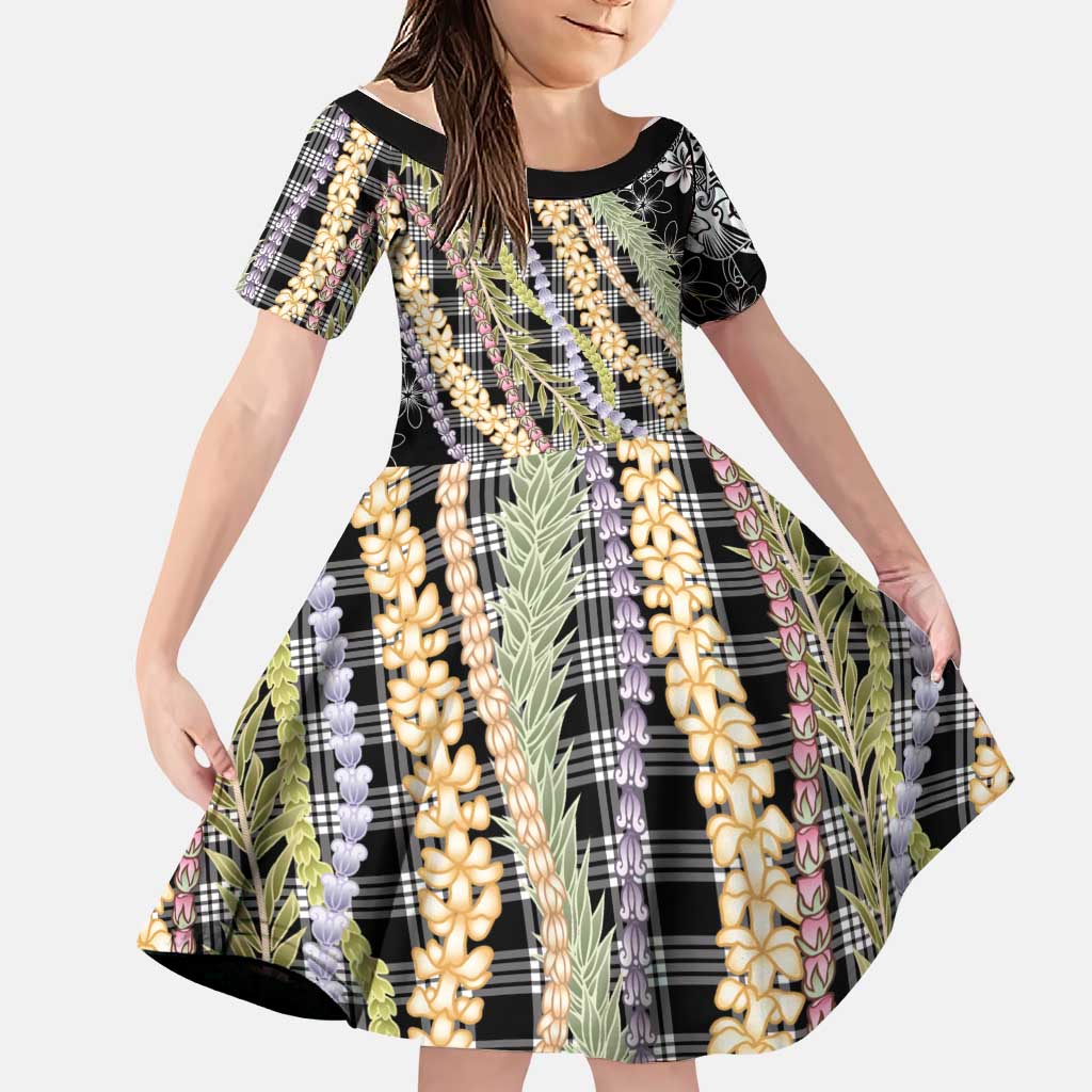 Black Palaka Hawaii Leis Family Matching Short Sleeve Bodycon Dress and Hawaiian Shirt Hawaiian-plaid Elegant Tropical Vibes LT14 Daughter's Dress Black - Polynesian Pride