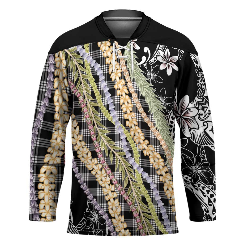 Black Palaka Hawaii Leis Hockey Jersey Hawaiian-plaid Elegant Tropical Vibes - Polynesian Pride