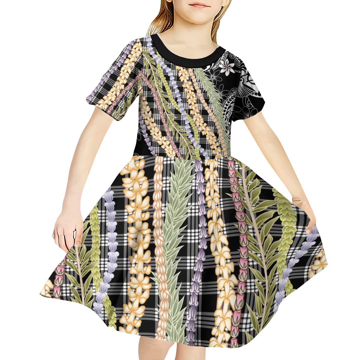 Black Palaka Hawaii Leis Kid Short Sleeve Dress Hawaiian-plaid Elegant Tropical Vibes - Polynesian Pride
