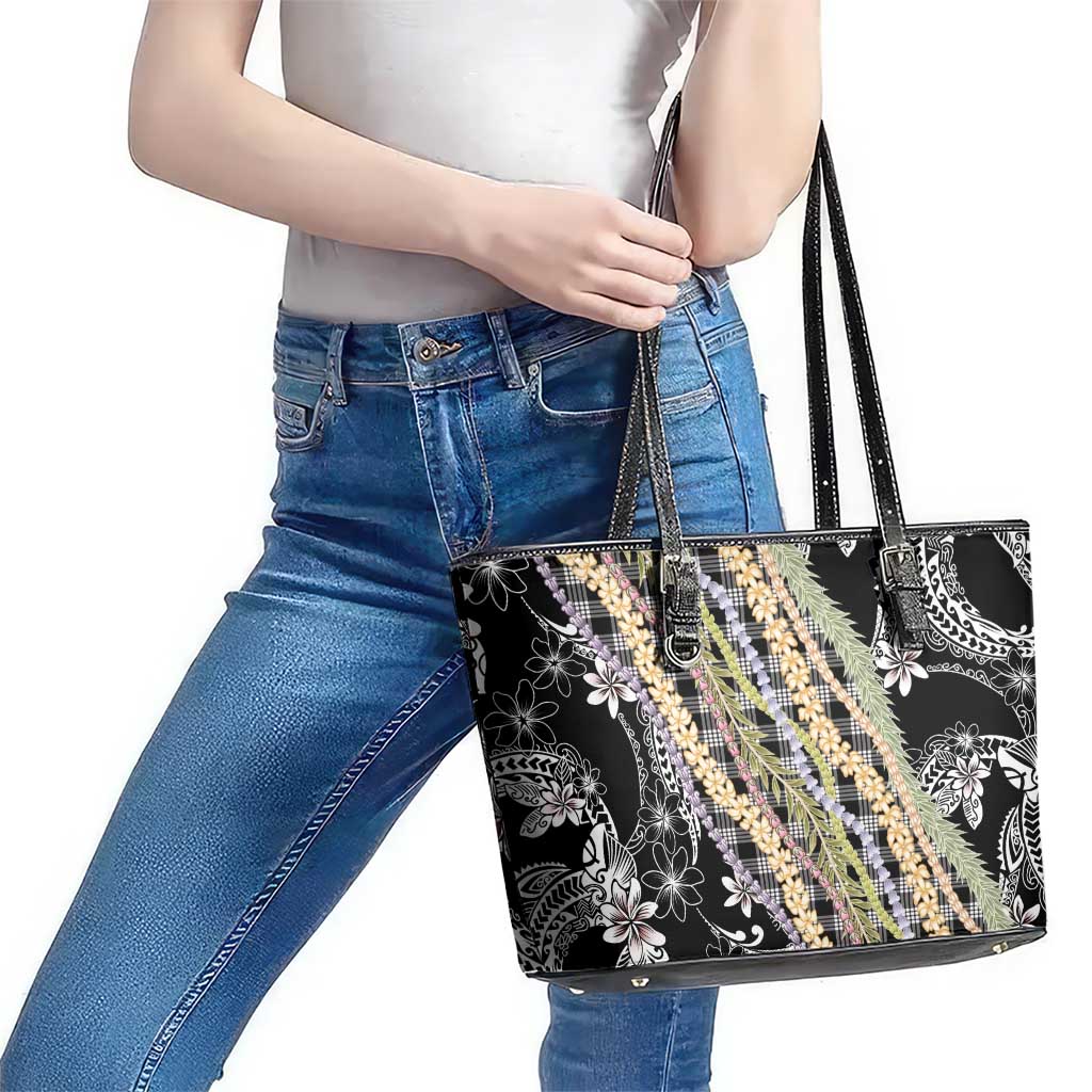 Black Palaka Hawaii Leis Leather Tote Bag Hawaiian-plaid Elegant Tropical Vibes - Polynesian Pride