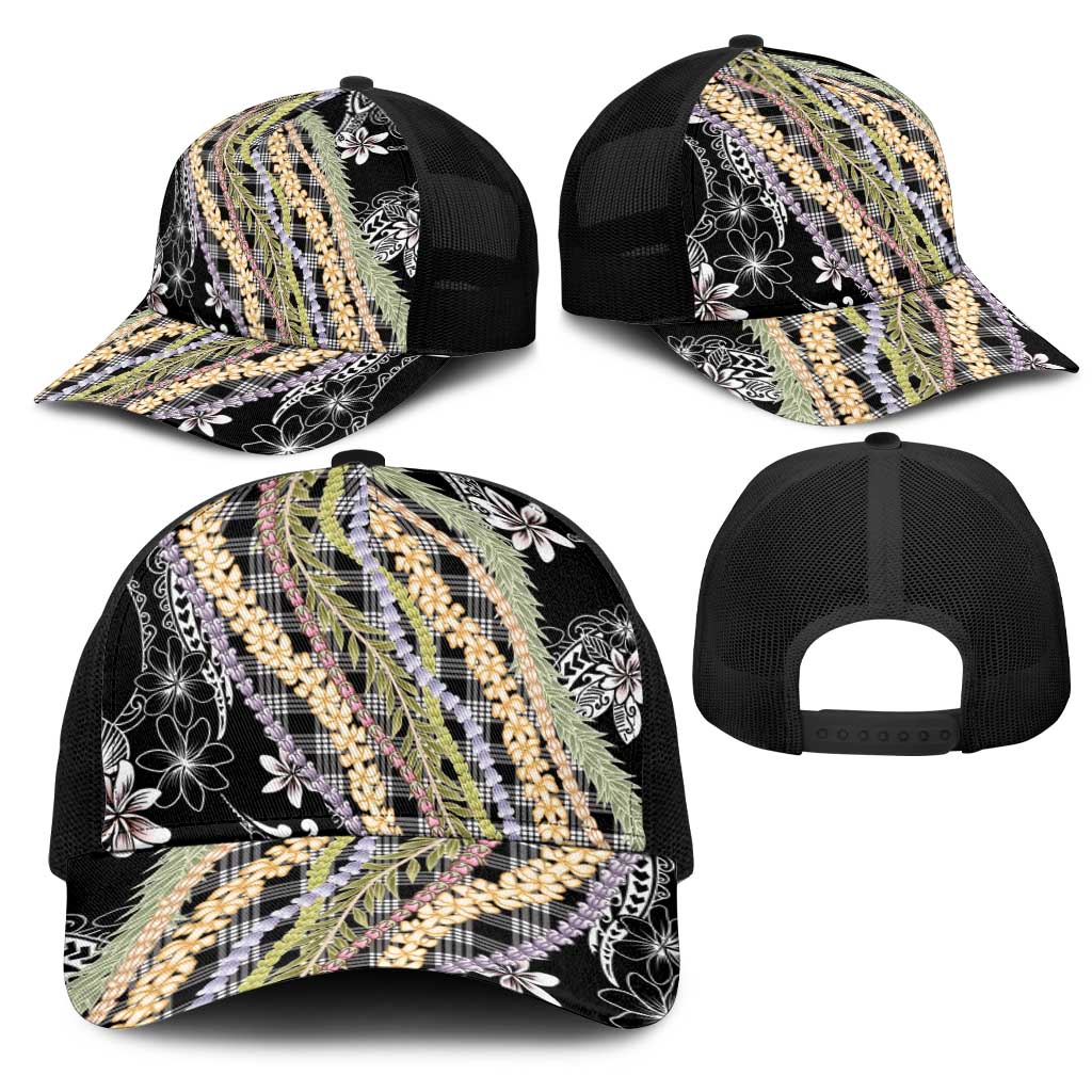 Black Palaka Hawaii Leis Mesh Trucker Cap Hawaiian-plaid Elegant Tropical Vibes - Polynesian Pride