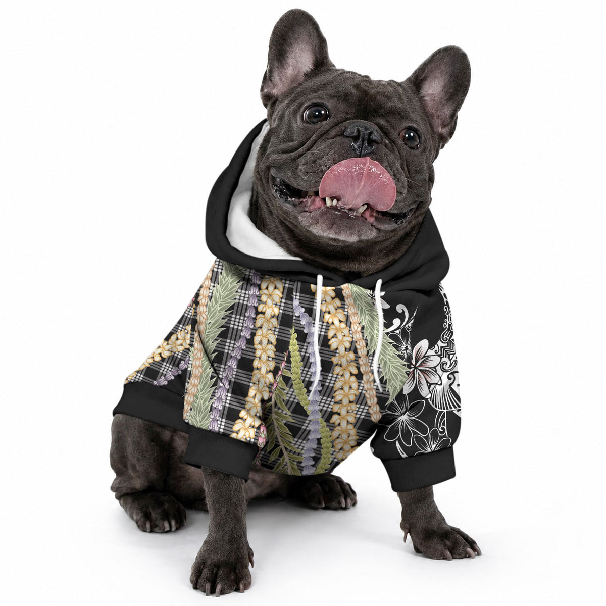 Black Palaka Hawaii Leis Pet Hoodie Hawaiian-plaid Elegant Tropical Vibes