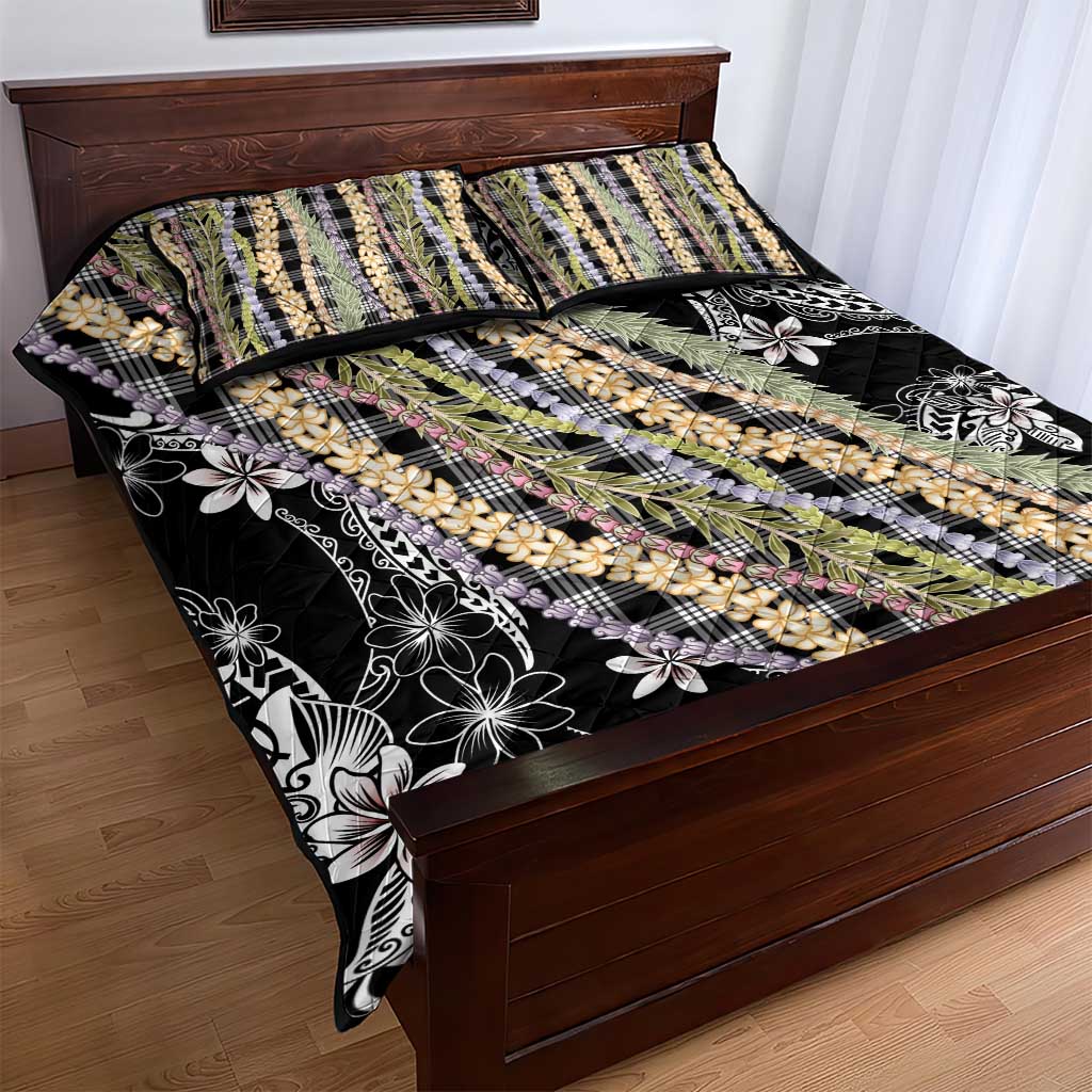 Black Palaka Hawaii Leis Quilt Bed Set Hawaiian-plaid Elegant Tropical Vibes - Polynesian Pride