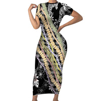 Black Palaka Hawaii Leis Short Sleeve Bodycon Dress Hawaiian-plaid Elegant Tropical Vibes - Polynesian Pride