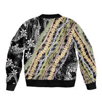 Black Palaka Hawaii Leis Sleeve Zip Bomber Jacket Hawaiian-plaid Elegant Tropical Vibes - Polynesian Pride