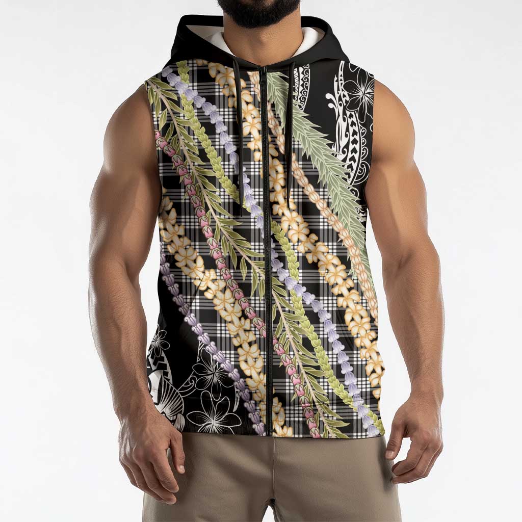 Black Palaka Hawaii Leis Sleeveless Zip Hoodie Hawaiian-plaid Elegant Tropical Vibes - Polynesian Pride