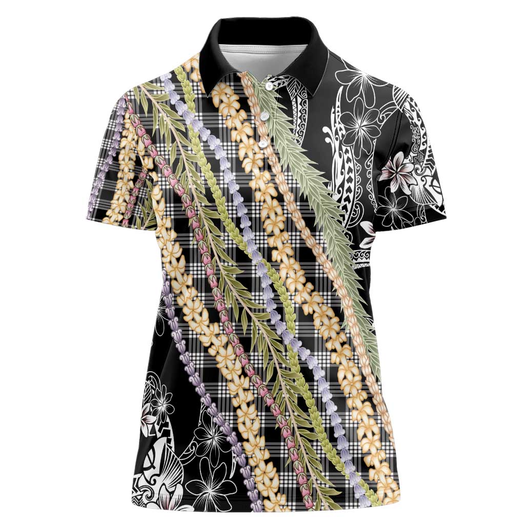 Black Palaka Hawaii Leis Women Polo Shirt Hawaiian-plaid Elegant Tropical Vibes - Polynesian Pride