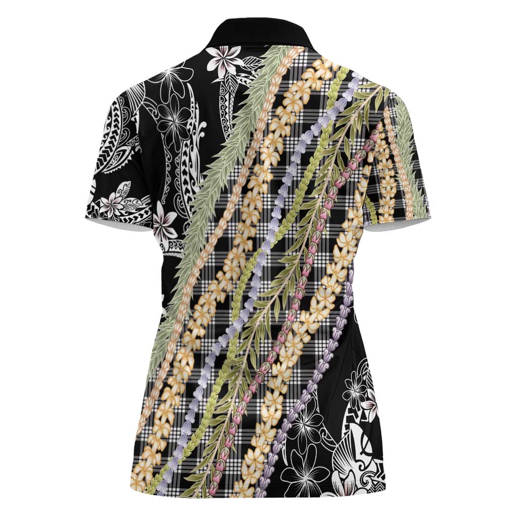 Black Palaka Hawaii Leis Women Polo Shirt Hawaiian-plaid Elegant Tropical Vibes - Polynesian Pride