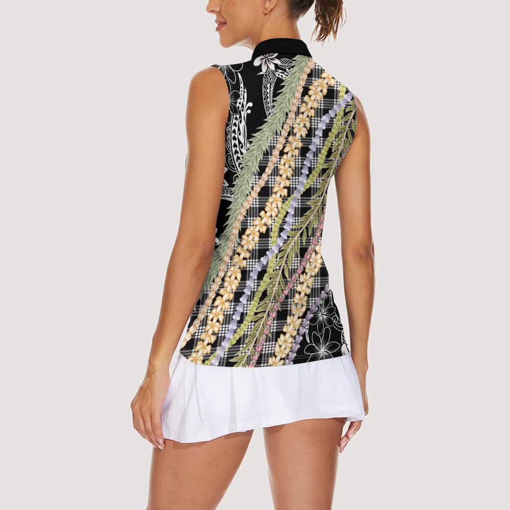 Black Palaka Hawaii Leis Women Sleeveless Polo Shirt Hawaiian-plaid Elegant Tropical Vibes LT14 - Polynesian Pride