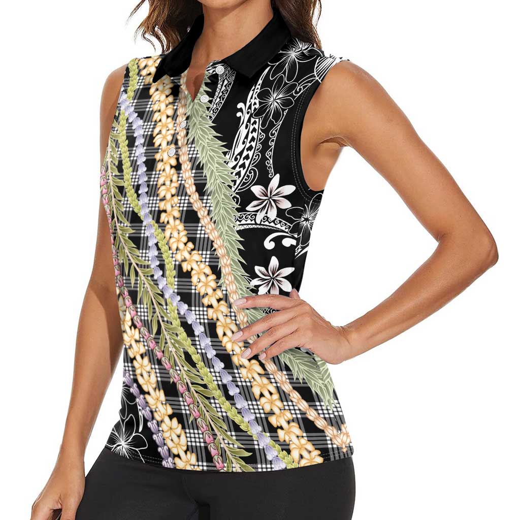 Black Palaka Hawaii Leis Women Sleeveless Polo Shirt Hawaiian-plaid Elegant Tropical Vibes LT14 - Polynesian Pride