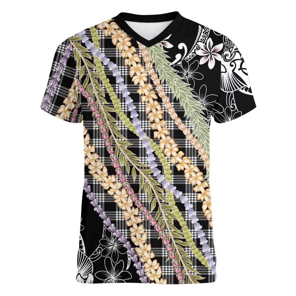 Black Palaka Hawaii Leis Women V-Neck T-Shirt Hawaiian-plaid Elegant Tropical Vibes LT14 Female Black - Polynesian Pride