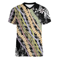 Black Palaka Hawaii Leis Women V-Neck T-Shirt Hawaiian-plaid Elegant Tropical Vibes LT14 Female Black - Polynesian Pride