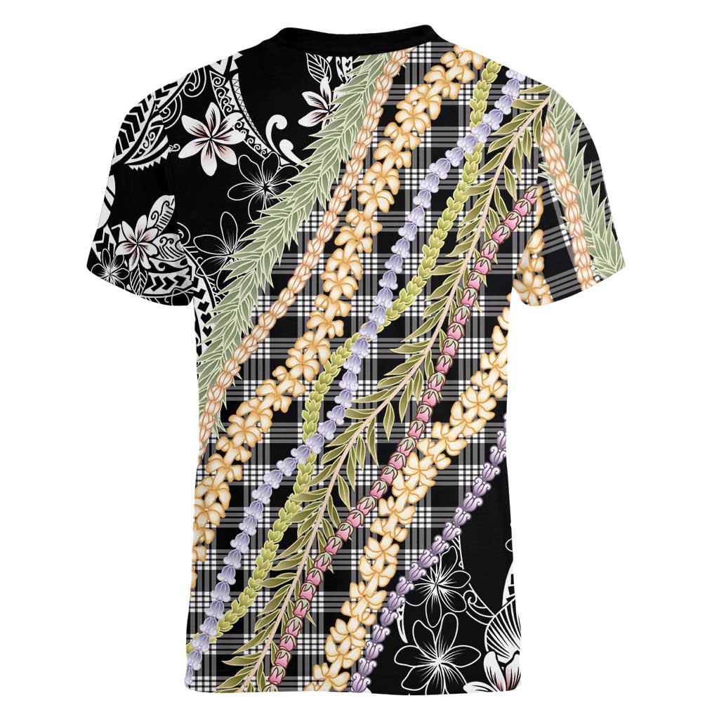 Black Palaka Hawaii Leis Women V-Neck T-Shirt Hawaiian-plaid Elegant Tropical Vibes LT14 - Polynesian Pride