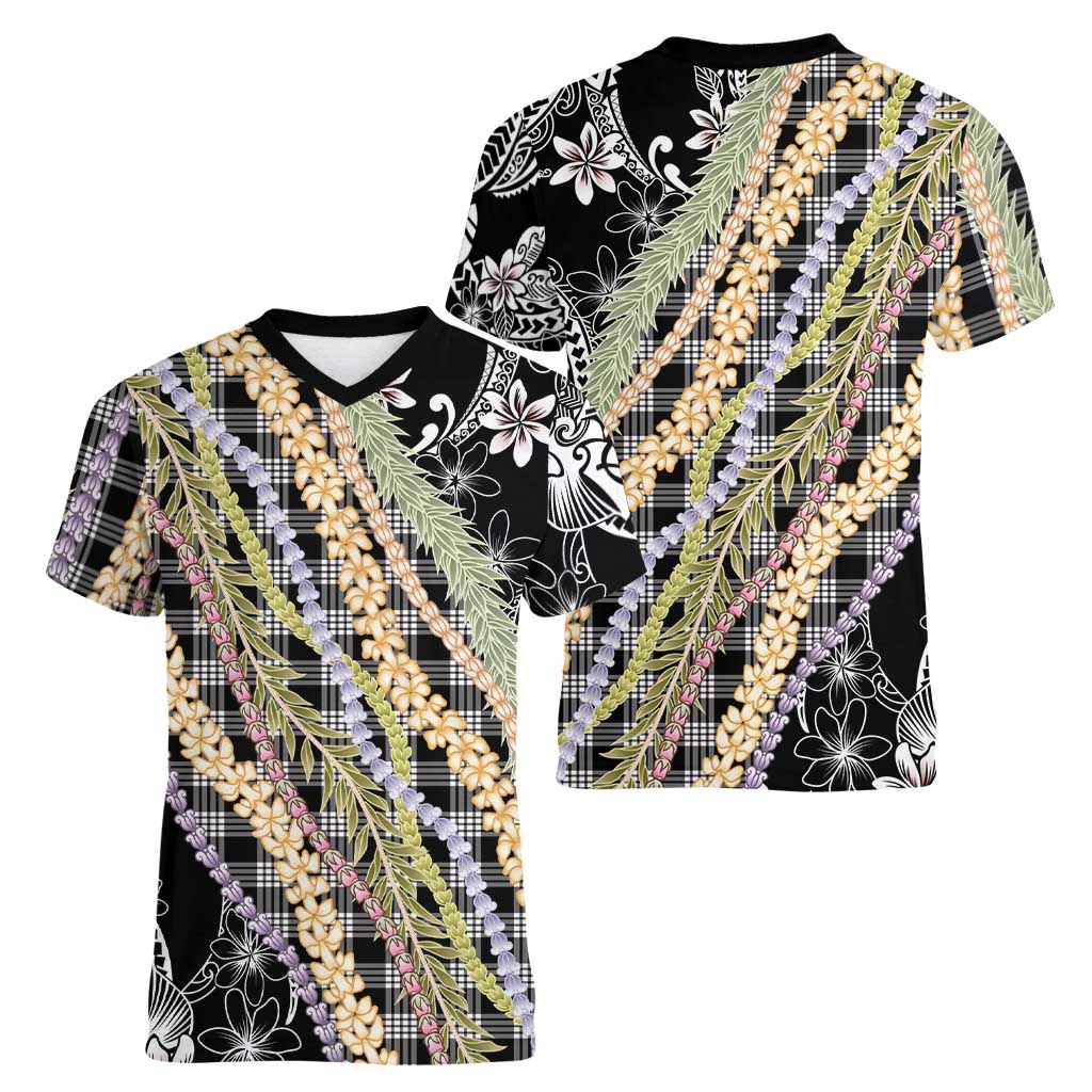 Black Palaka Hawaii Leis Women V-Neck T-Shirt Hawaiian-plaid Elegant Tropical Vibes LT14 - Polynesian Pride