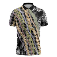Black Palaka Hawaii Leis Zipper Polo Shirt Hawaiian-plaid Elegant Tropical Vibes - Polynesian Pride